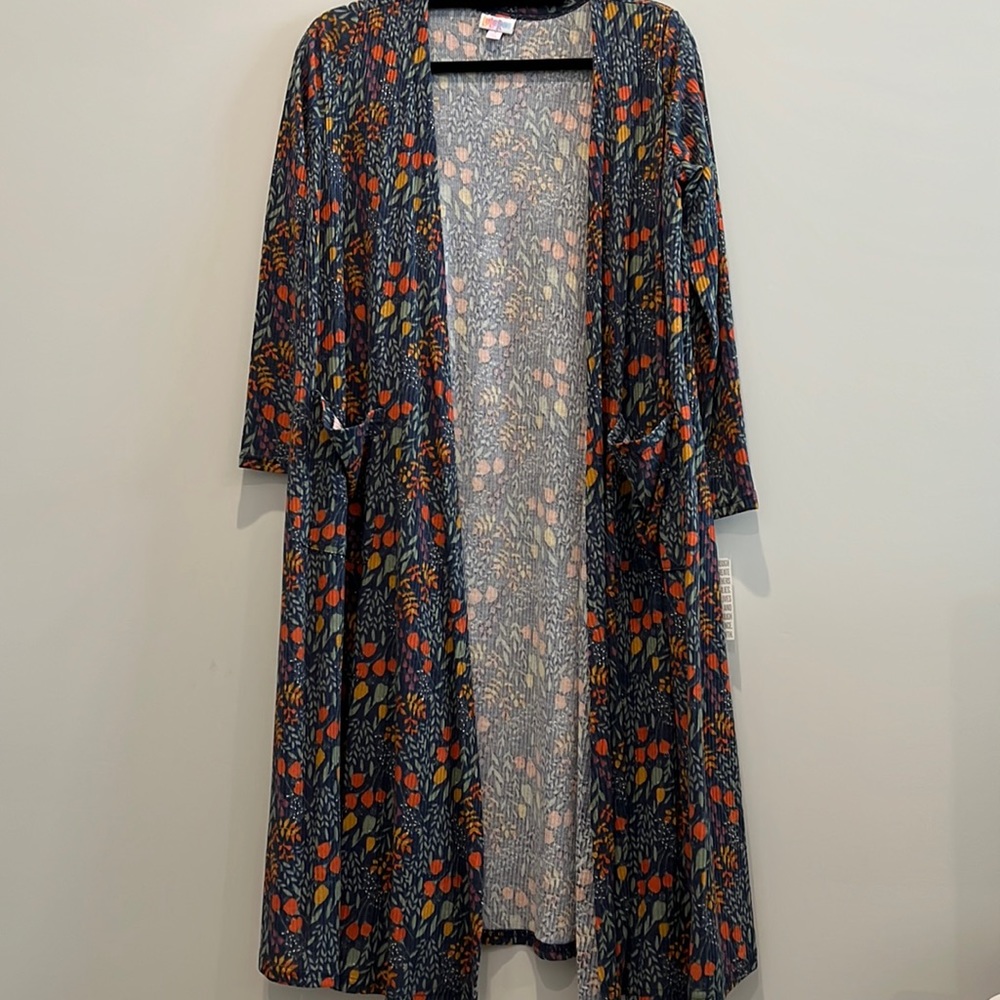 Lularoe Sarah duster cardigan ribbed abstract florals navy orange purple nwt s